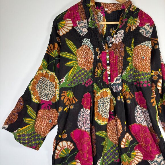Boho Floral Tunic Blouse Womens Small Black Multicolor Peasant Top Lightweight - Picture 3 of 12